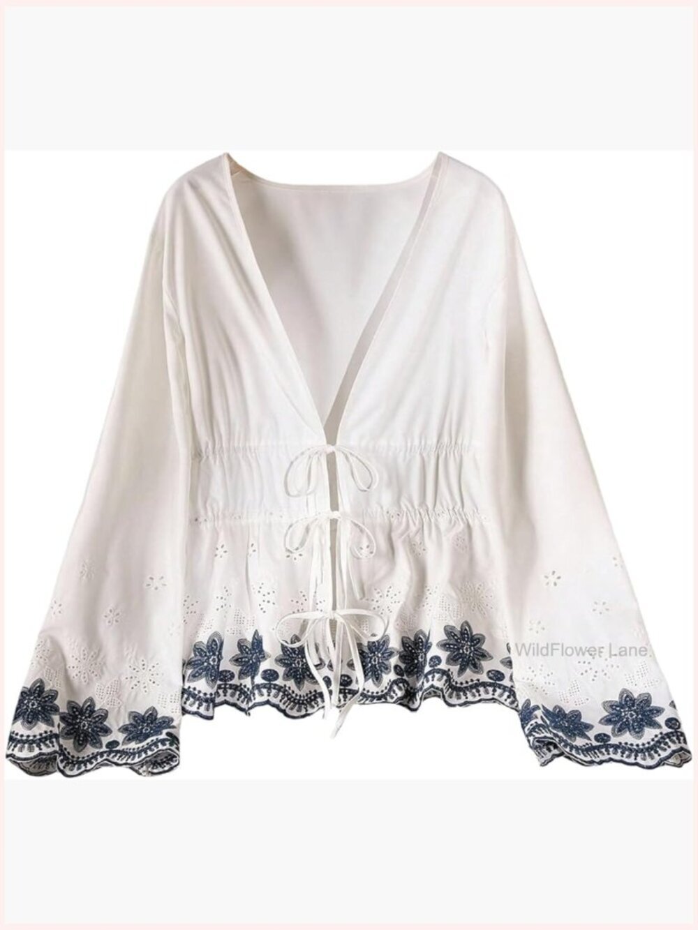 Plus Size Tie Front Floral Embroidered Blouse V Neck Long Sleeve Bell Sleeve